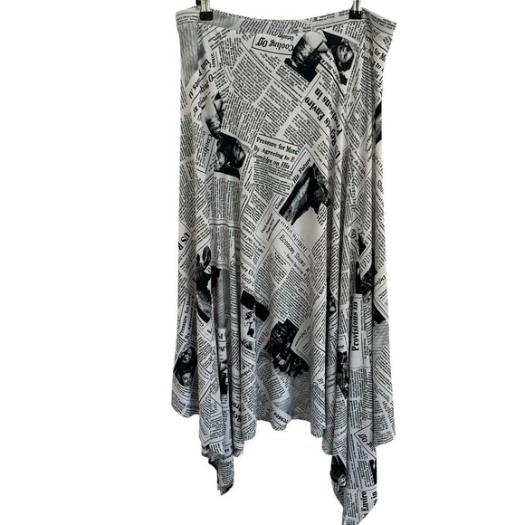 Vintage 90s Black and White Newsprint Midi Skirt Sharkbite Hem Artsy Large USA - Picture 6 of 16